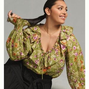 ANTHROPOLOGIE Green Ruffle Trim Blouse